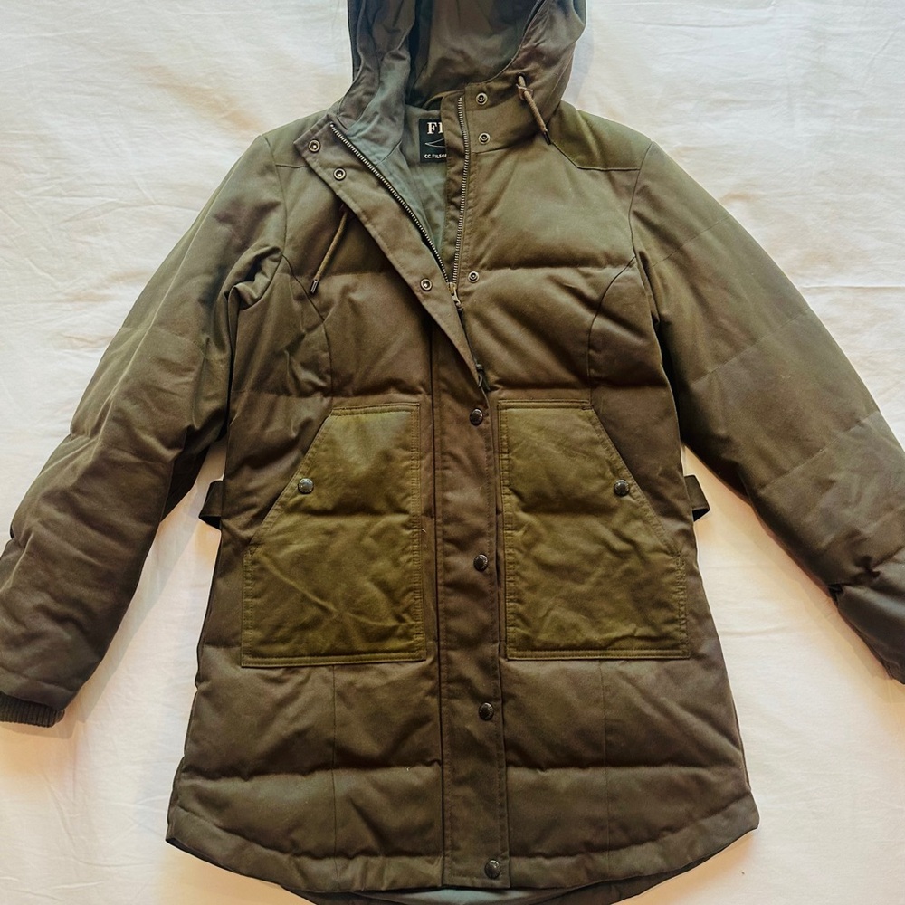 Filson Women's Waxed Cotton Olive Green Puffer Insulated Hooded Jacket